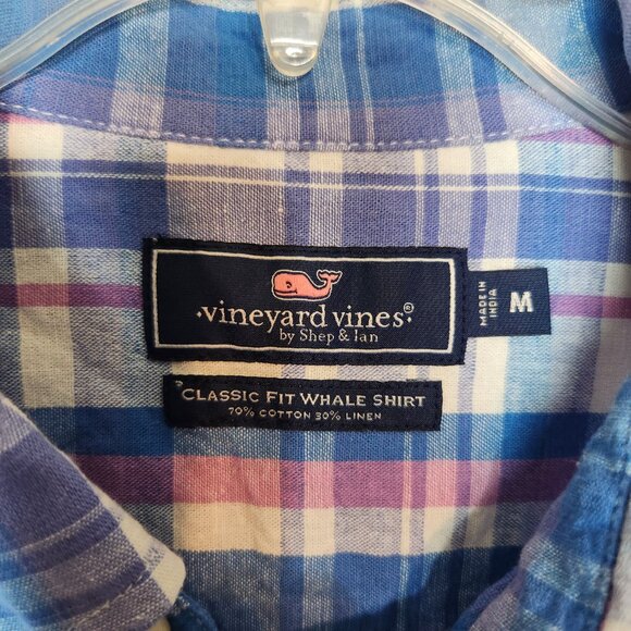 Vineyard Vines Mens M Blue White Plaid Classic Fit Whale Shirt Button Down Linen - Picture 8 of 15